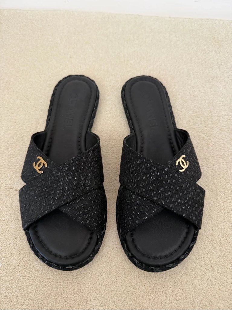 Chanel Black Woven Crisscross Slide Sandals Gold Cc Flat Slip On Sandals